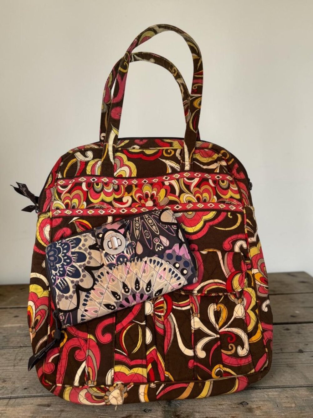 Vera Bradley Floral Quilted Tote With Matching Wallet Brown Pink Yellow Pattern